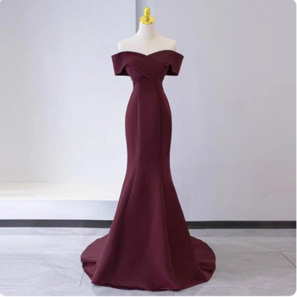 Regal Burgundy Off-Shoulder Mermaid Gown with Corset Back - Picture 4 of 13